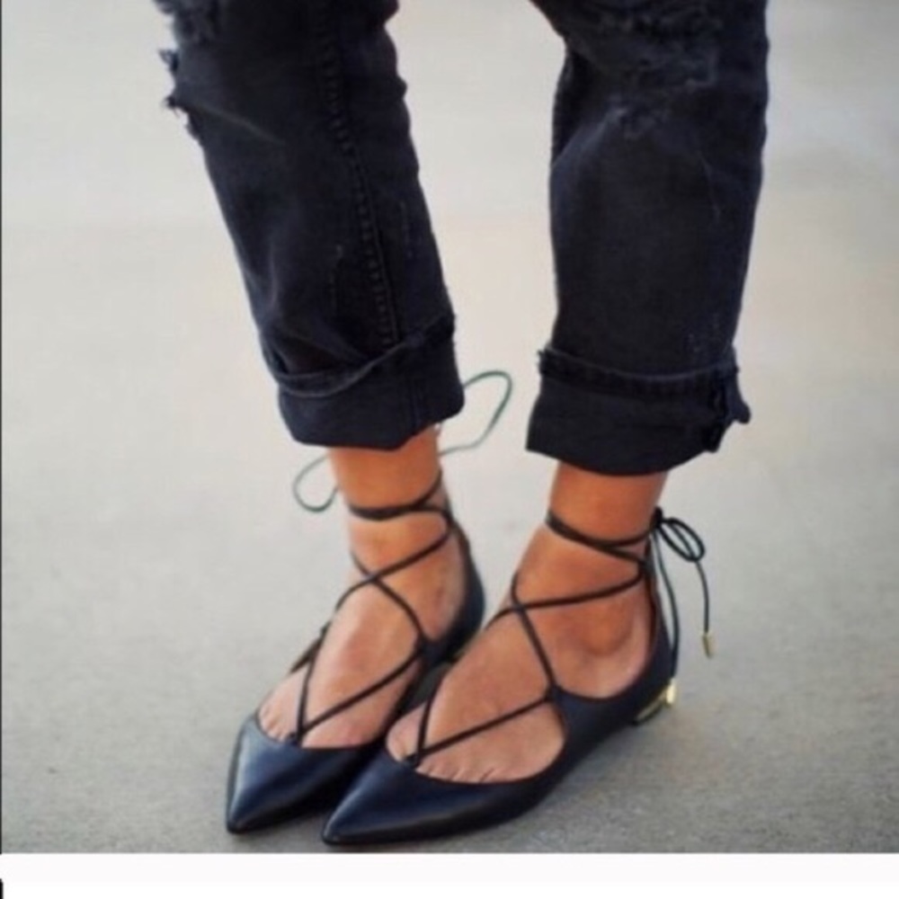 Black Leather Lace-Up Flats with Gold heel